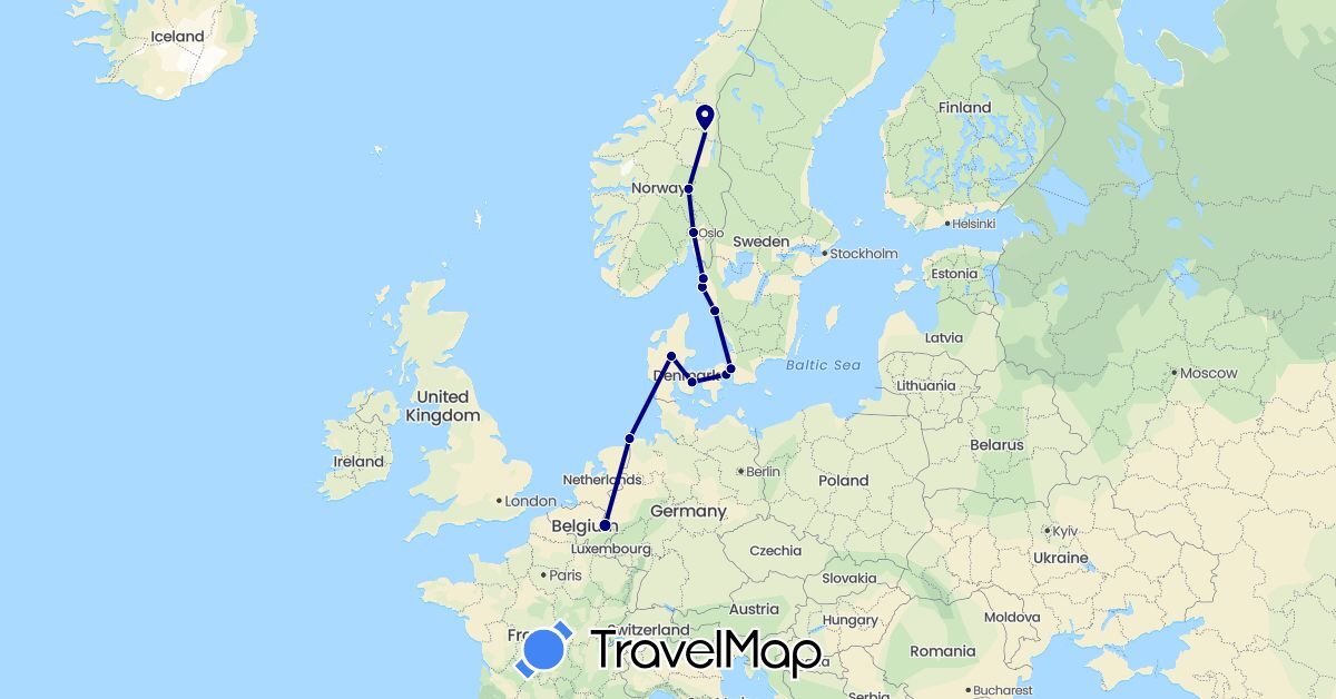 TravelMap itinerary: driving in Belgium, Germany, Denmark, Norway, Sweden (Europe)